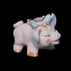 Vintage Lefton Cottagecore Kitsch Ceramic 3D  Flower Pink Pig Piggy Coin Bank